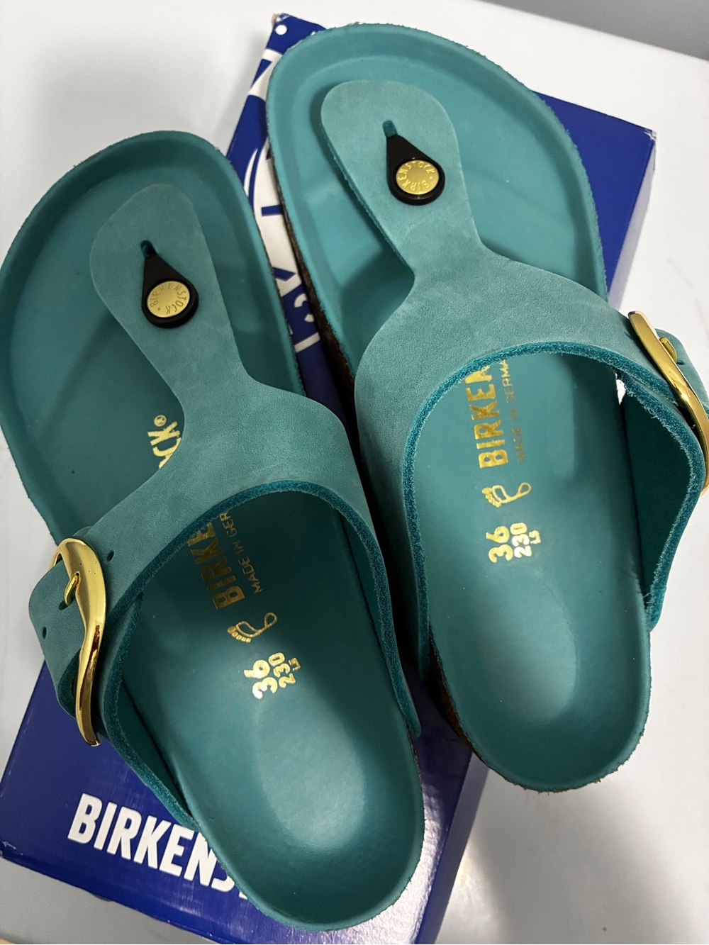 Birkenstock Women’s Teal Suede Thong Sandal with Gold Buckles